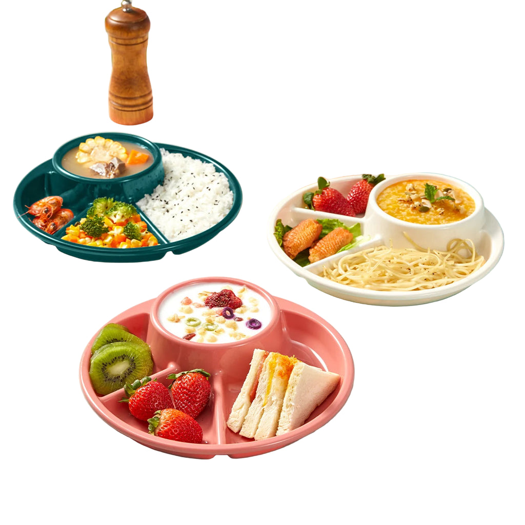 WORTHBUY Round Divided Salad Plate – Reusable Dinner Plate with Fork & Spoon
