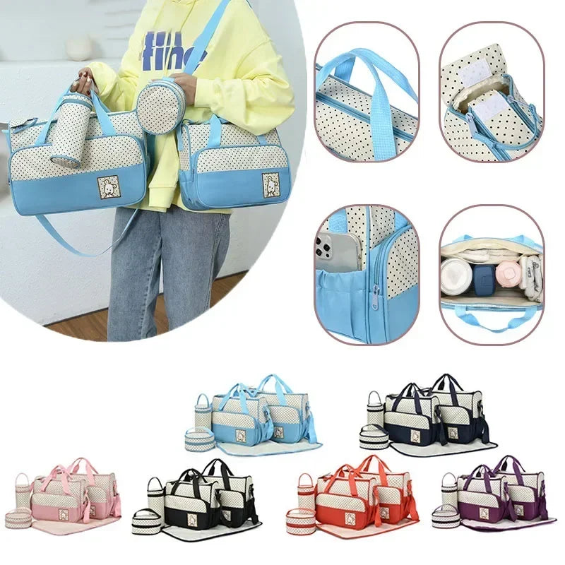 5PCS Large Capacity Baby Diaper Bag Set – Stylish & Practical Mommy Travel Organizer
