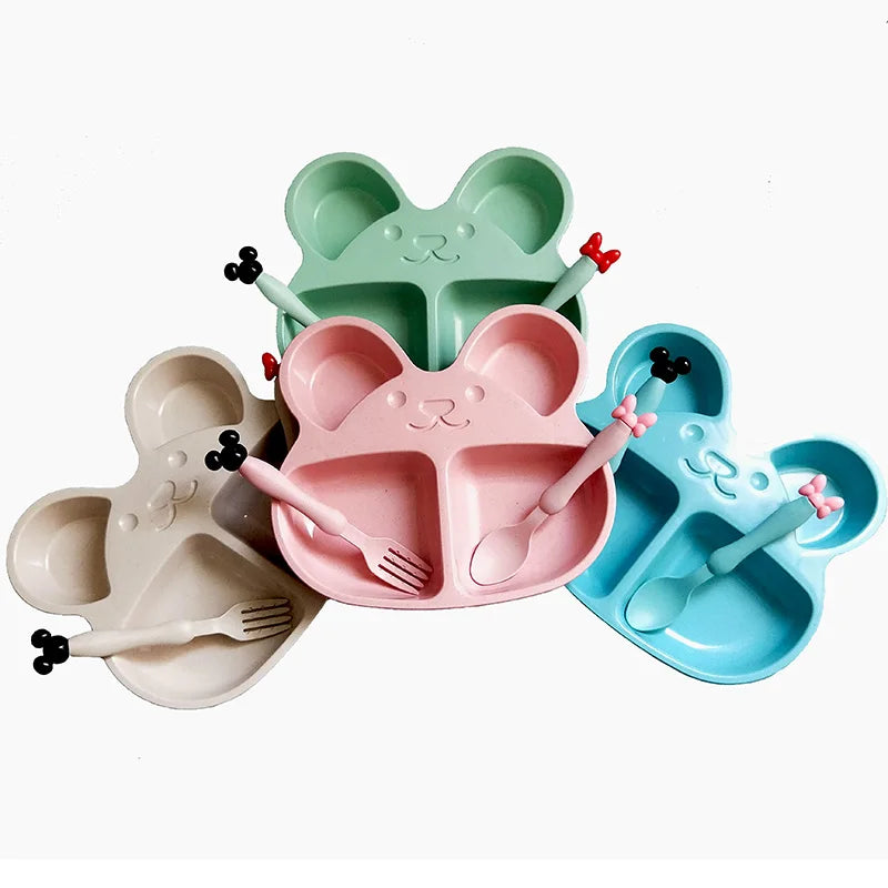 Wheat Straw Children’s Cartoon Tableware Set – Eco-Friendly Baby & Toddler Dinner Plate, Bowl, Spoon & Fork