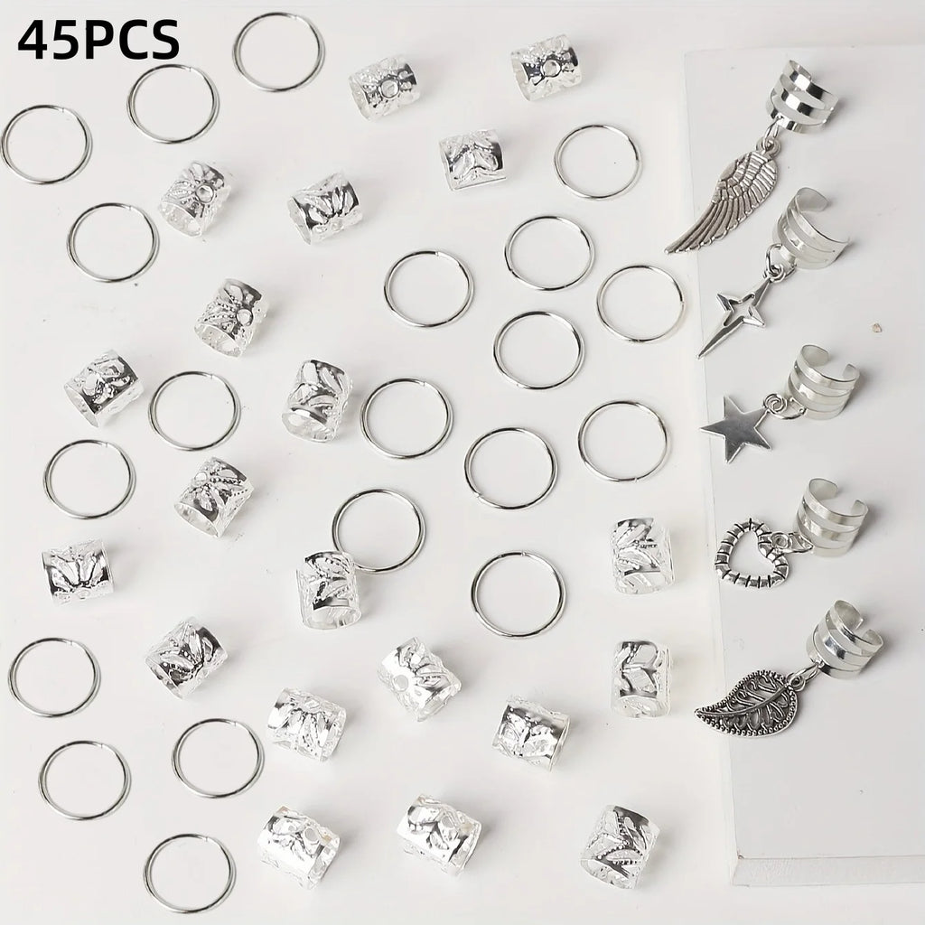 45PCS Alloy Braid Hair Rings – Hippie Boho Hair Jewelry for Braids, Dreadlocks & Locs