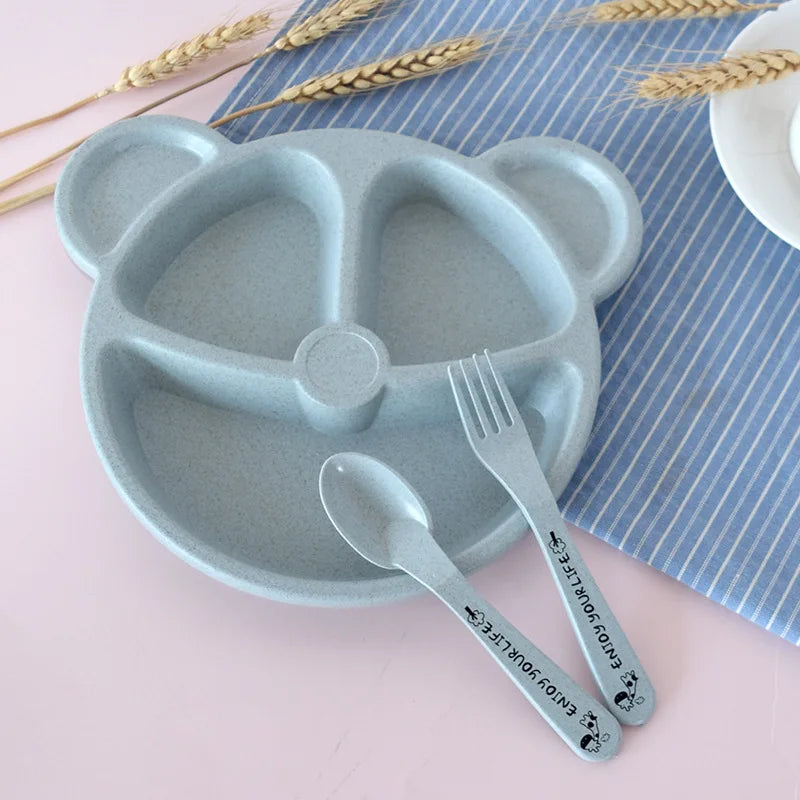 3-Piece Cute Divided Children’s Tableware Set – Wheat Material Baby Plate, Bowl, Fork & Spoon