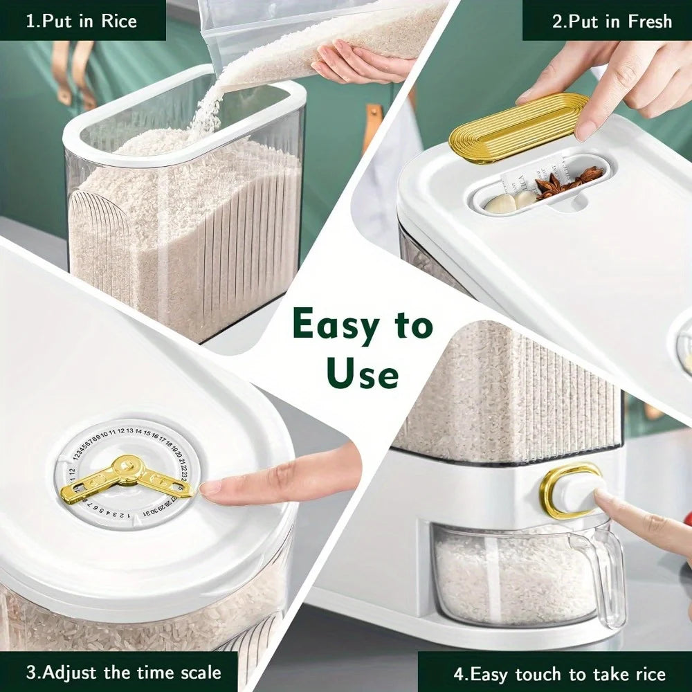 5kg/10kg Rice Dispenser – Large Pantry Storage Container with Measuring Cup & Time Markings