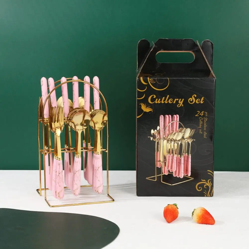 Fashion 24Pcs Cutlery Set – Stainless Steel Flatware with Color Handles & Storage Rack