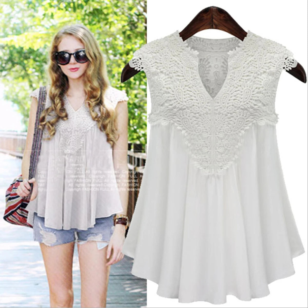 Summer Lace Chiffon V-Neck Blouse for Women – Casual Loose Fit Top