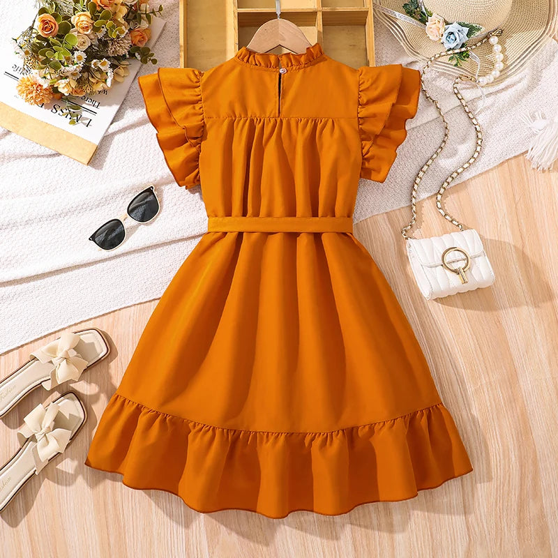 Girls Brown Ruffled Tiered Dress – Elegant Summer Outfit with Belt & Wing Sleeves (Ages 8–12)