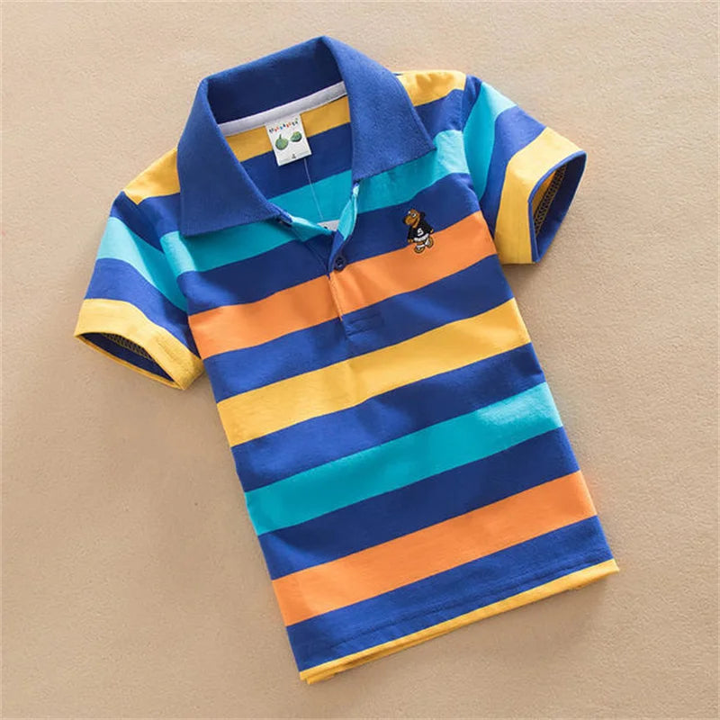 Boys Summer Stripe Polo T-Shirt – Cartoon Bear Embroidery Short Sleeve Top