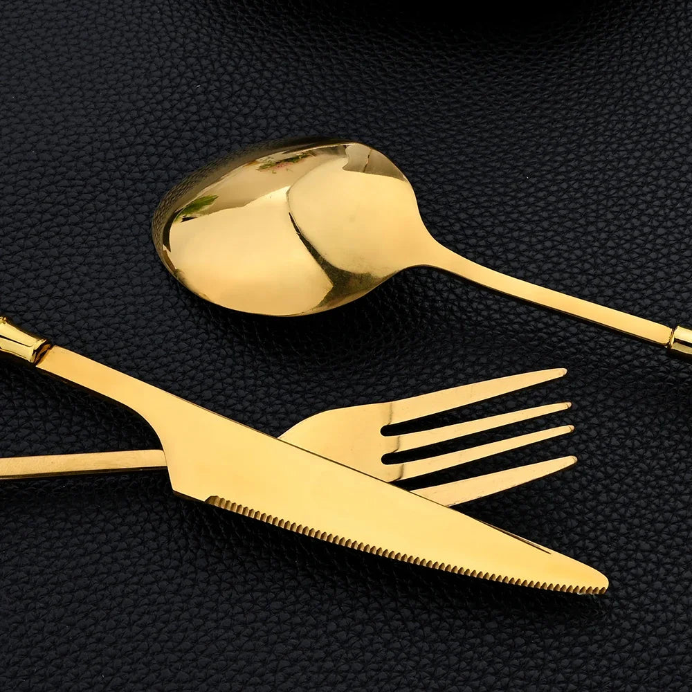 30Pcs Gold Flatware Set with Mirror Ceramic Handle – Luxury Stainless Steel Dinnerware for 6