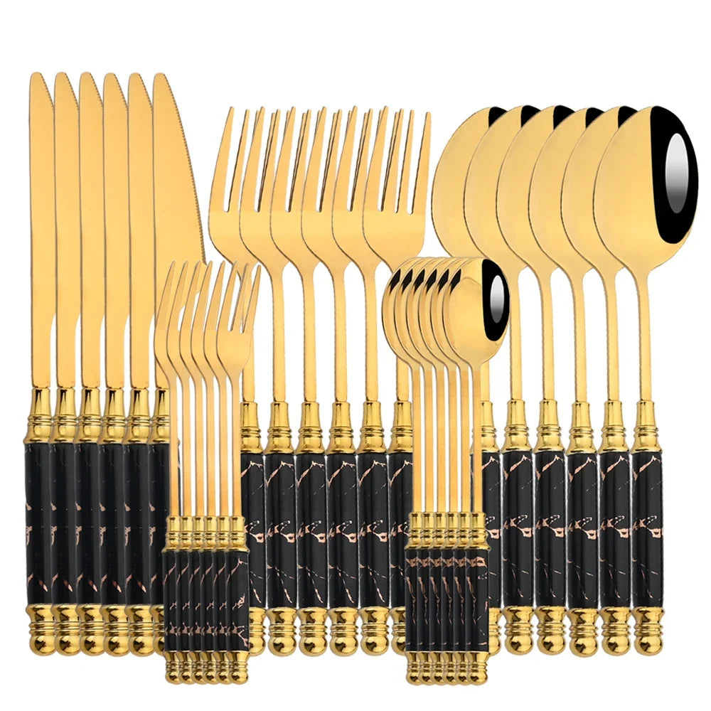 30Pcs Gold Flatware Set with Mirror Ceramic Handle – Luxury Stainless Steel Dinnerware for 6
