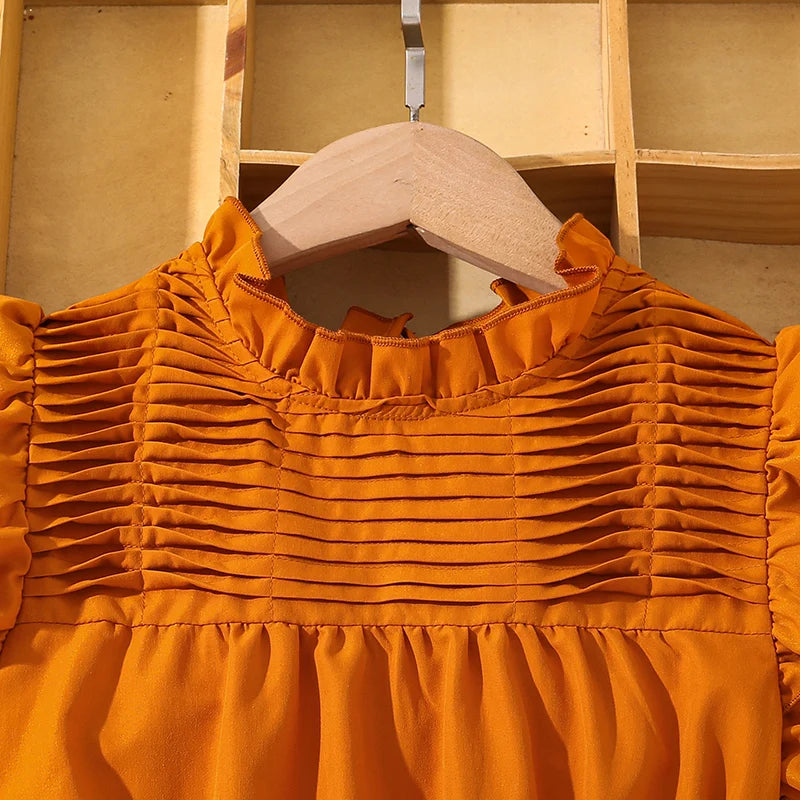 Girls Brown Ruffled Tiered Dress – Elegant Summer Outfit with Belt & Wing Sleeves (Ages 8–12)