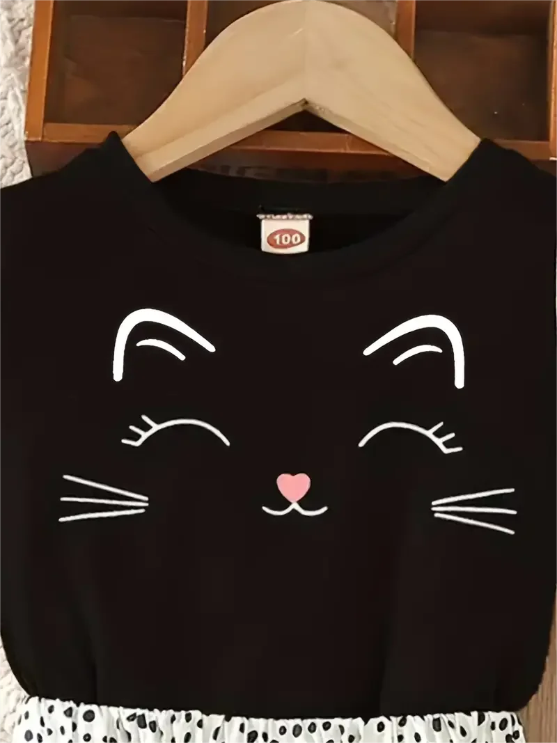 Girls 2-Piece Summer Outfit – Smiling Kitten Top & Spotted Skirt (Ages 4–6)