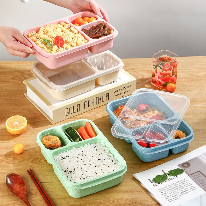 Microwave Wheat Straw Bento Lunch Box – 3-Compartment Portable Food Container