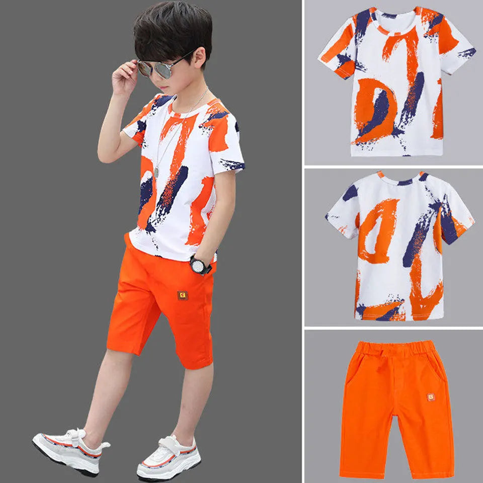 Boys Summer Cotton Outfit Set – Trendy Short Sleeve Shirt & Shorts for Kids (Ages 4–14)
