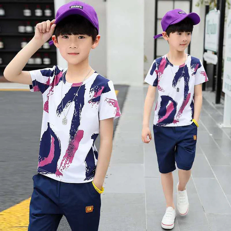 Boys Summer Cotton Outfit Set – Trendy Short Sleeve Shirt & Shorts for Kids (Ages 4–14)