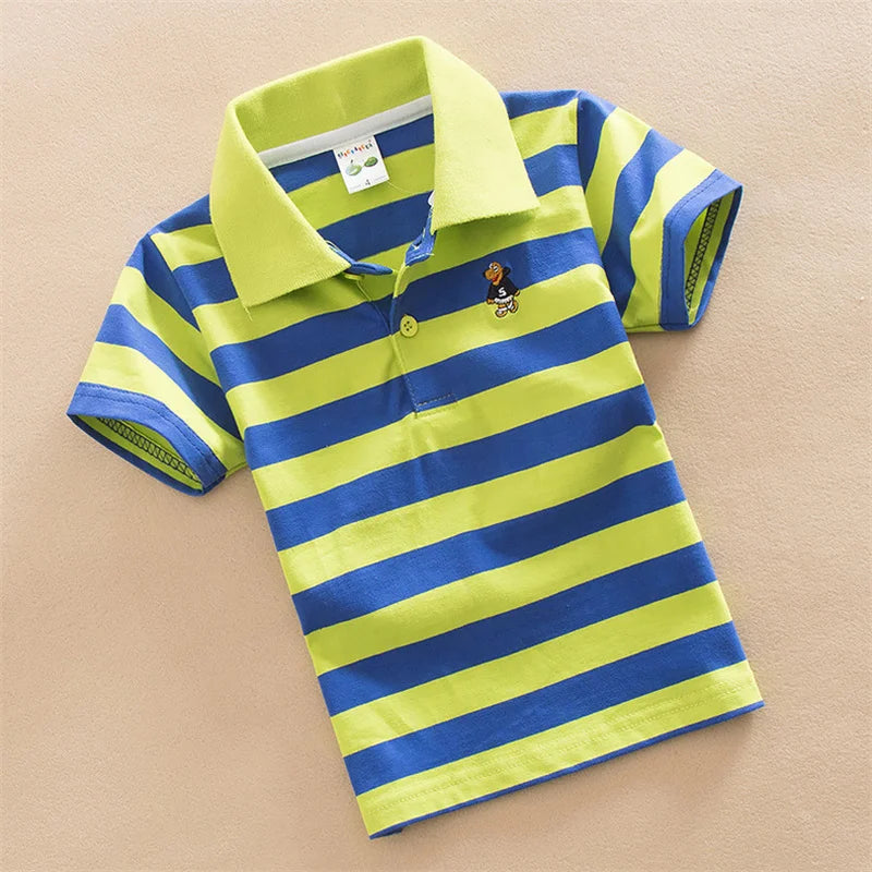 Boys Summer Stripe Polo T-Shirt – Cartoon Bear Embroidery Short Sleeve Top