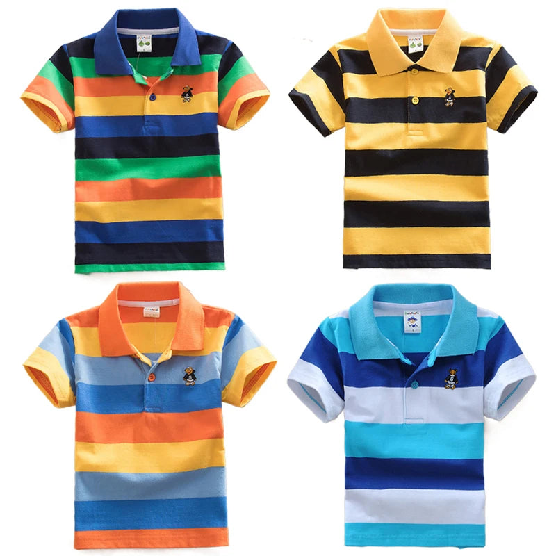 Boys Summer Stripe Polo T-Shirt – Cartoon Bear Embroidery Short Sleeve Top