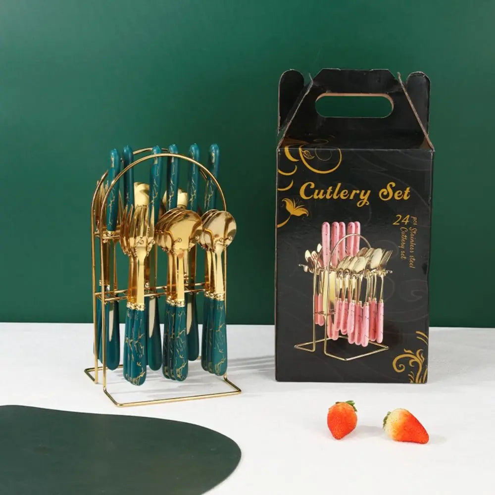 Fashion 24Pcs Cutlery Set – Stainless Steel Flatware with Color Handles & Storage Rack