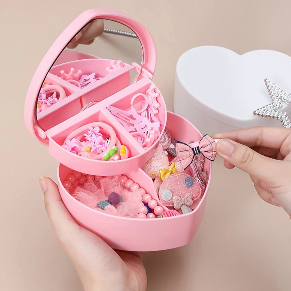 Pink Hair Accessories Box with Mirror – Jewelry & Hair Clip Organizer for Girls
