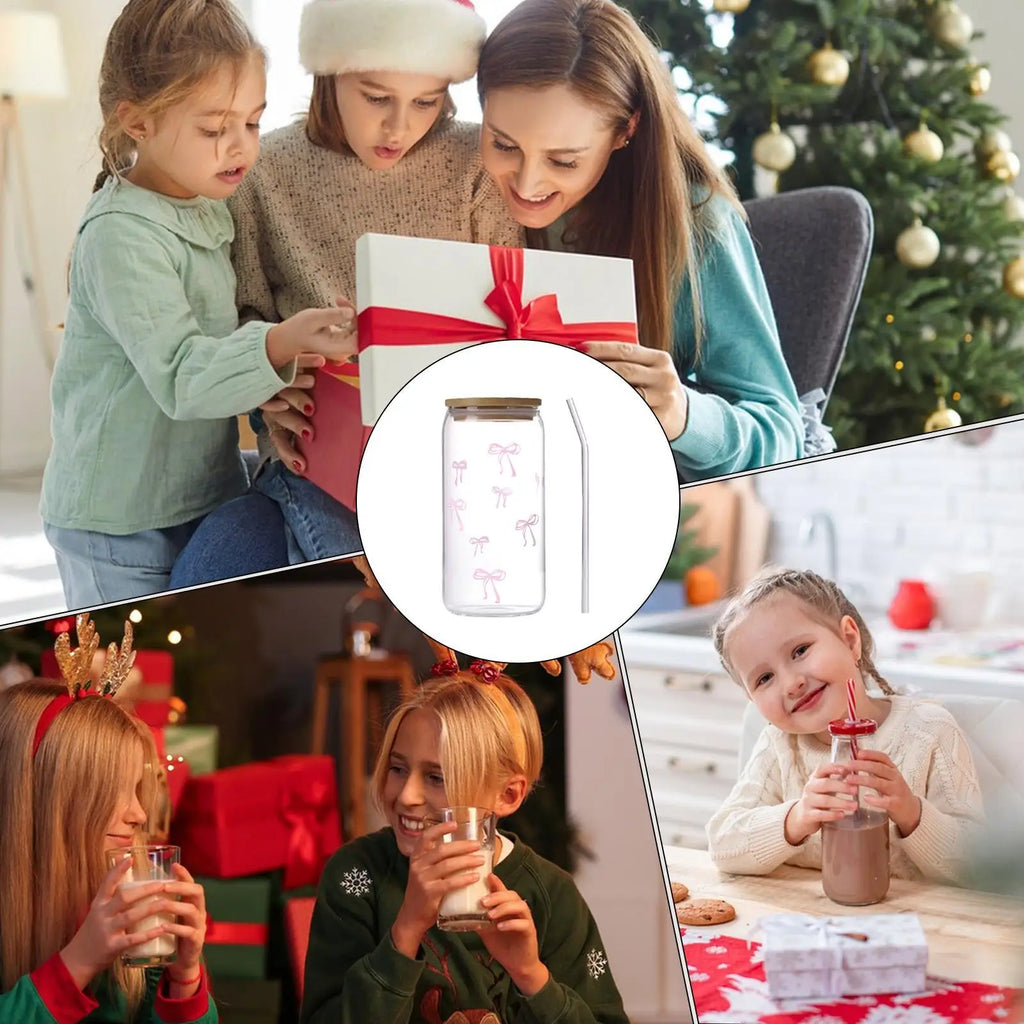 Bow Shape Glass Cup with Lid & Straw 500ml – Cute Aesthetic Drinkware for Iced Coffee, Matcha & More