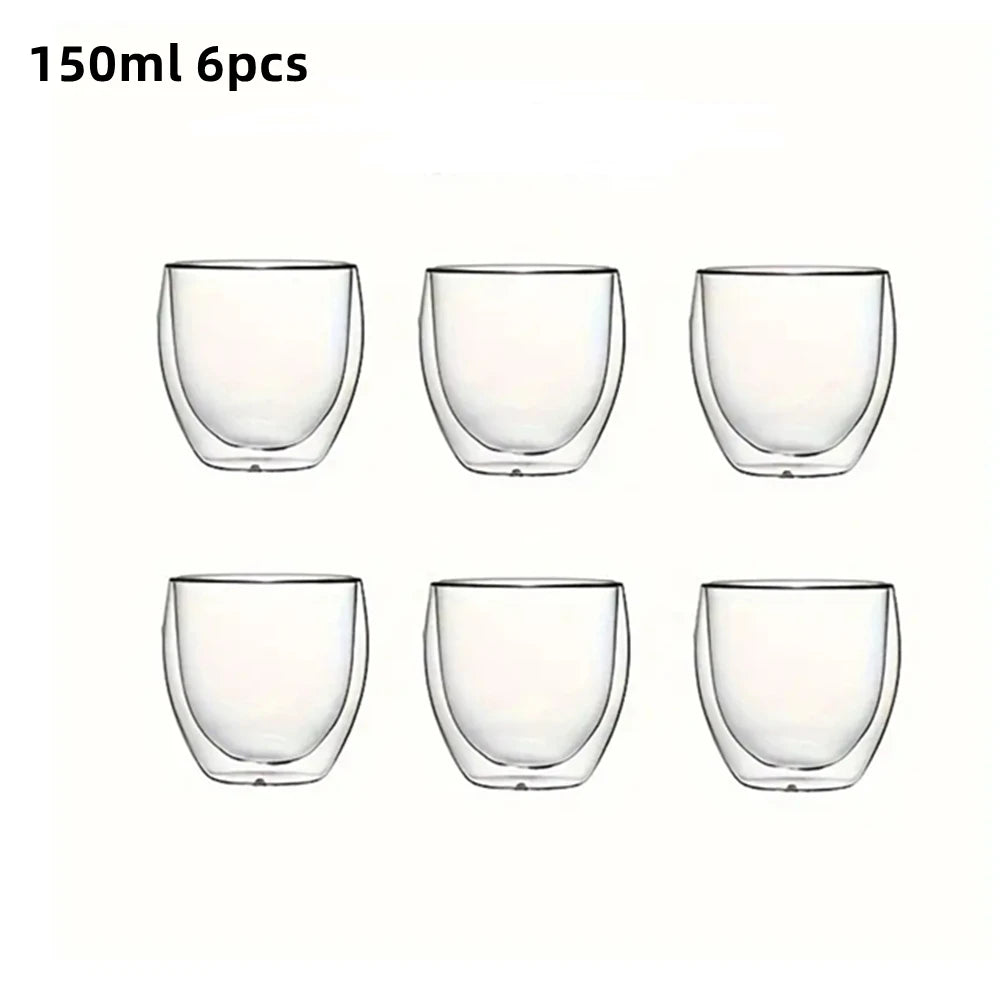 6pcs Double-Wall Insulated Glass Espresso Cups – Thermal Glass Coffee Mug Set