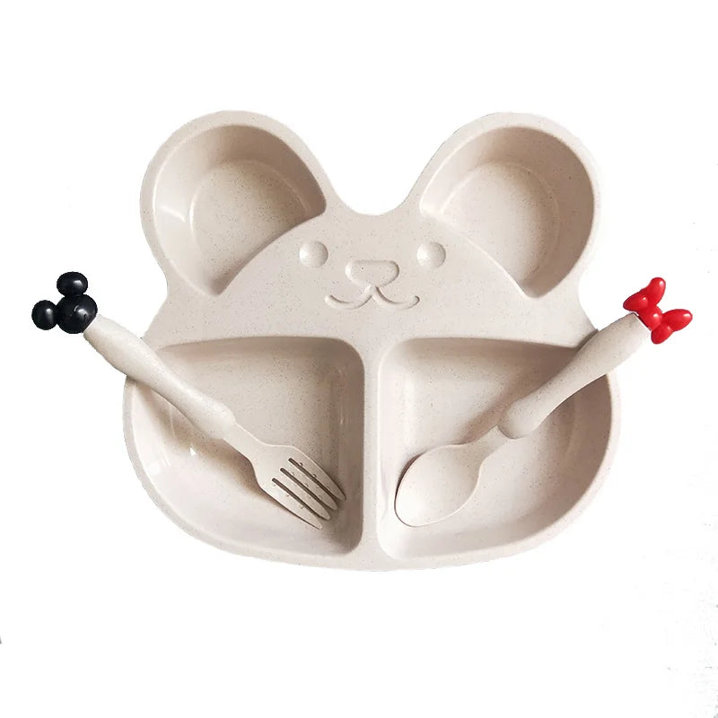 Wheat Straw Children’s Cartoon Tableware Set – Eco-Friendly Baby & Toddler Dinner Plate, Bowl, Spoon & Fork