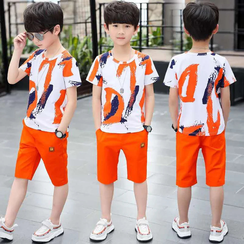 Boys Summer Cotton Outfit Set – Trendy Short Sleeve Shirt & Shorts for Kids (Ages 4–14)