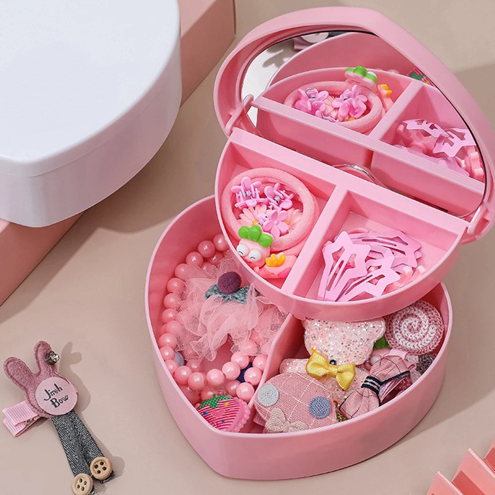 Pink Hair Accessories Box with Mirror – Jewelry & Hair Clip Organizer for Girls