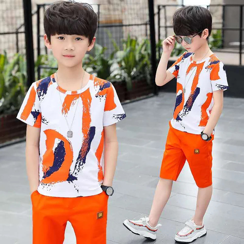 Boys Summer Cotton Outfit Set – Trendy Short Sleeve Shirt & Shorts for Kids (Ages 4–14)