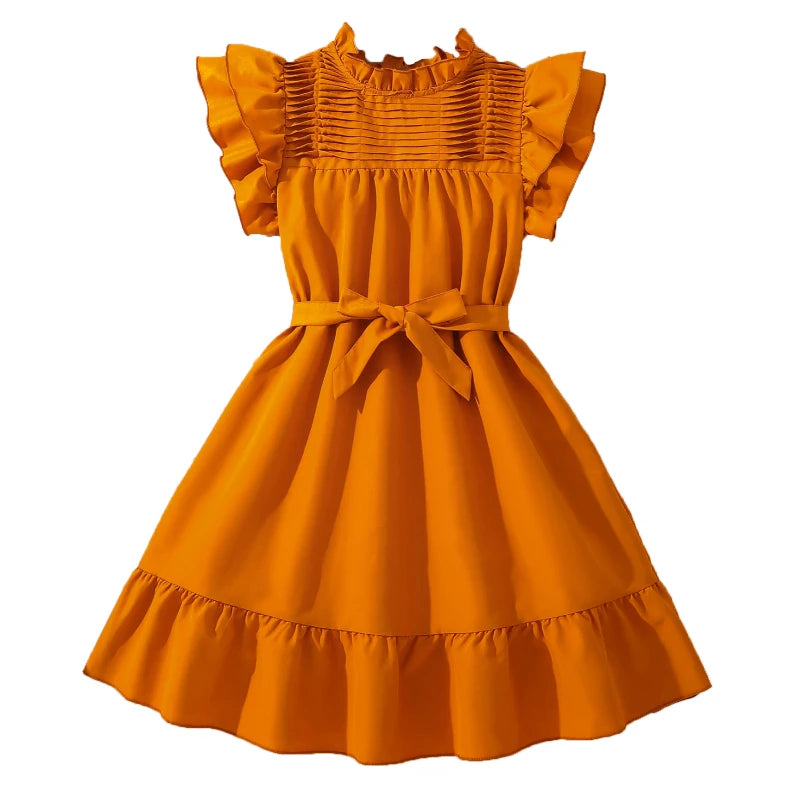 Girls Brown Ruffled Tiered Dress – Elegant Summer Outfit with Belt & Wing Sleeves (Ages 8–12)