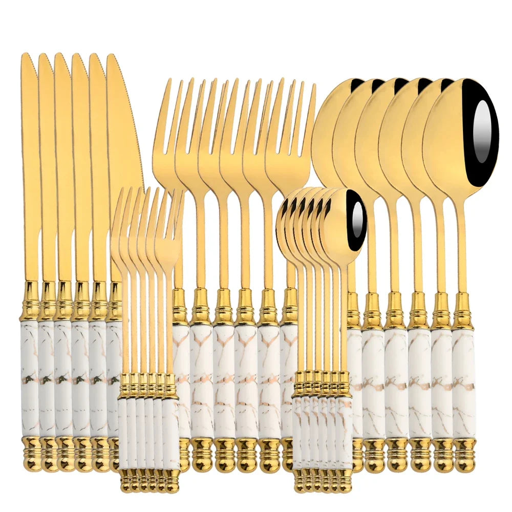 30Pcs Gold Flatware Set with Mirror Ceramic Handle – Luxury Stainless Steel Dinnerware for 6