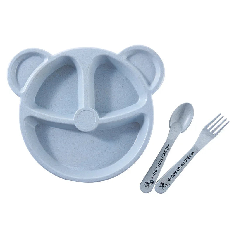 3-Piece Cute Divided Children’s Tableware Set – Wheat Material Baby Plate, Bowl, Fork & Spoon