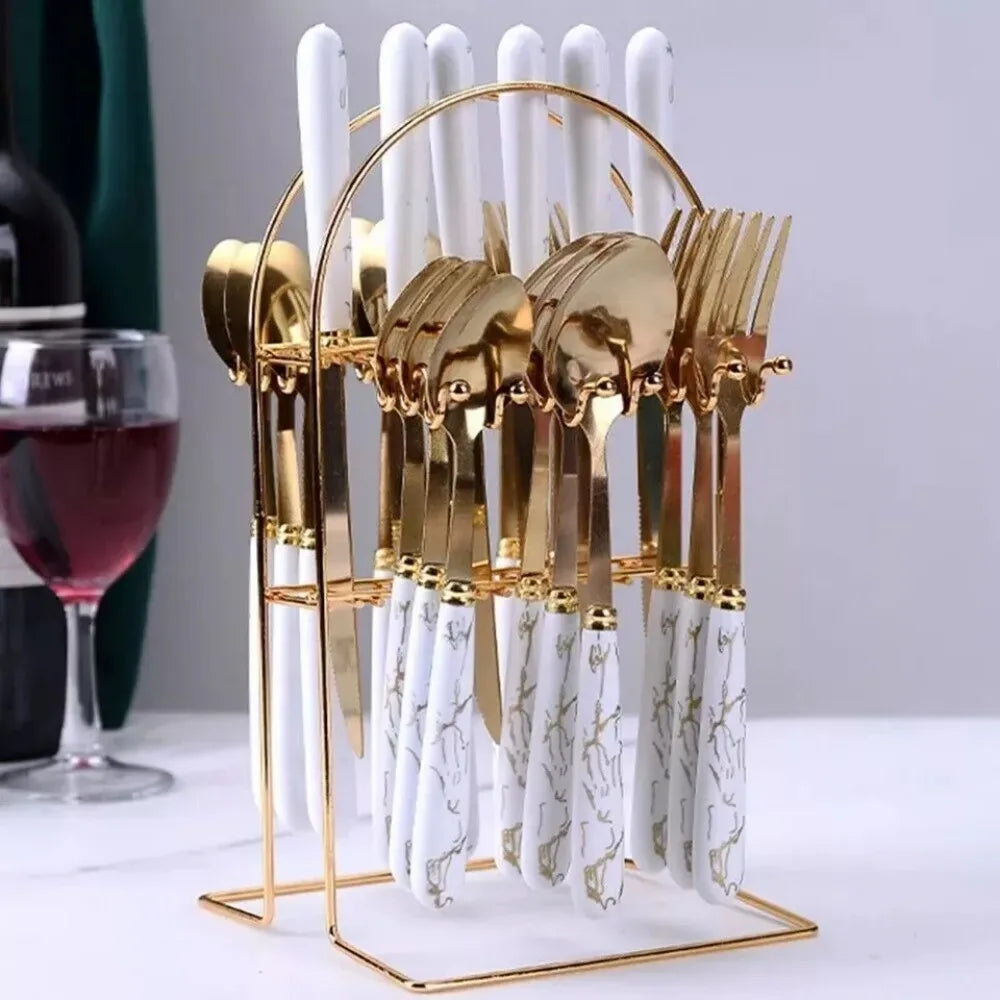 Fashion 24Pcs Cutlery Set – Stainless Steel Flatware with Color Handles & Storage Rack