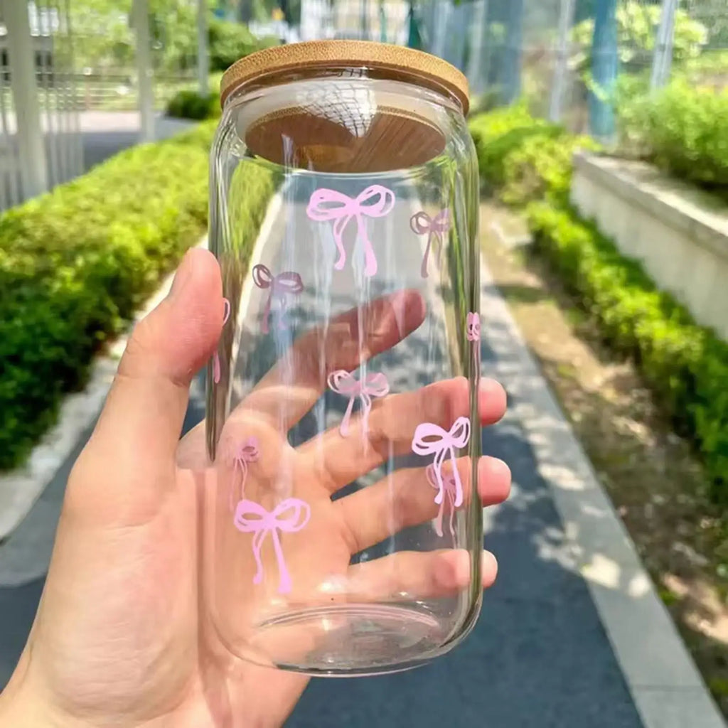 Bow Shape Glass Cup with Lid & Straw 500ml – Cute Aesthetic Drinkware for Iced Coffee, Matcha & More
