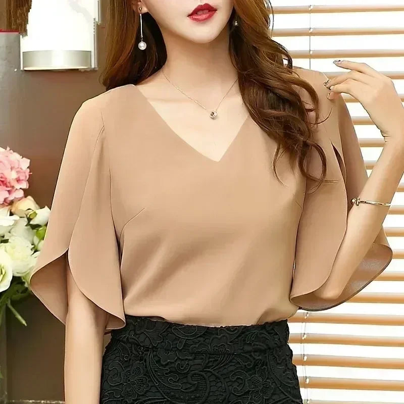 Women’s Chiffon Short Sleeve Shirt – Sexy V-Neck Loose Ruffled Blouse