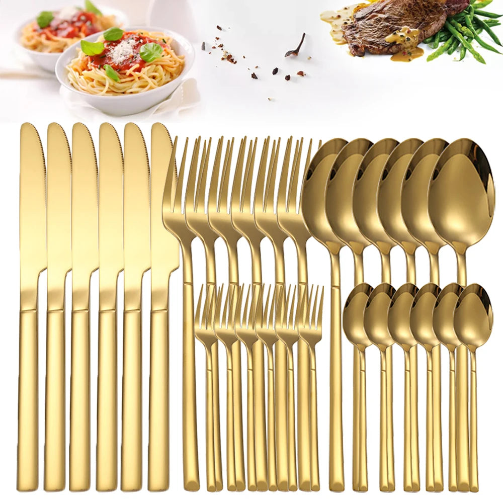 30PCS Gold Stainless Steel Cutlery Set – Elegant Dinnerware for Home & Kitchen