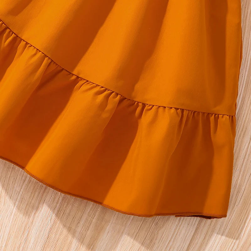 Girls Brown Ruffled Tiered Dress – Elegant Summer Outfit with Belt & Wing Sleeves (Ages 8–12)