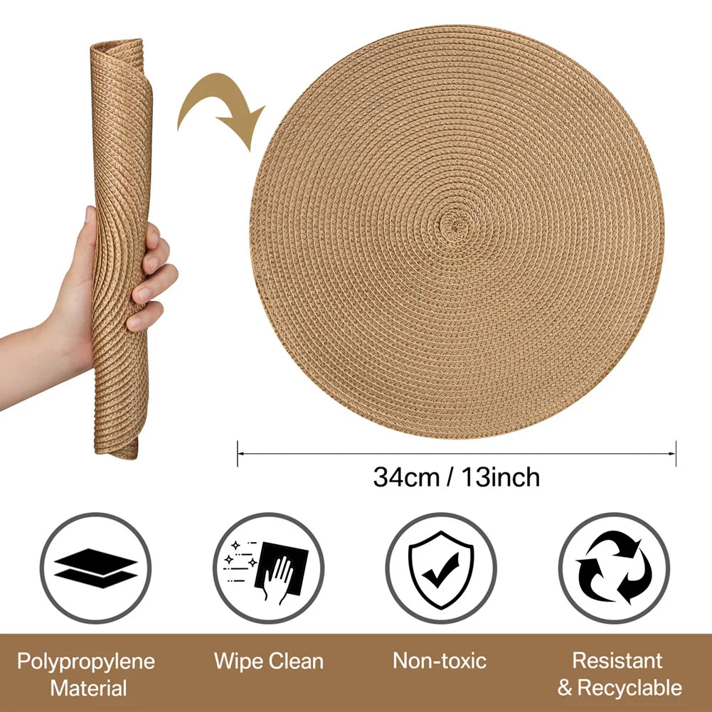 6-Piece Round Braided Placemats with 6 Matching Coasters – Heat-Resistant, Washable & Non-Slip Table Mats