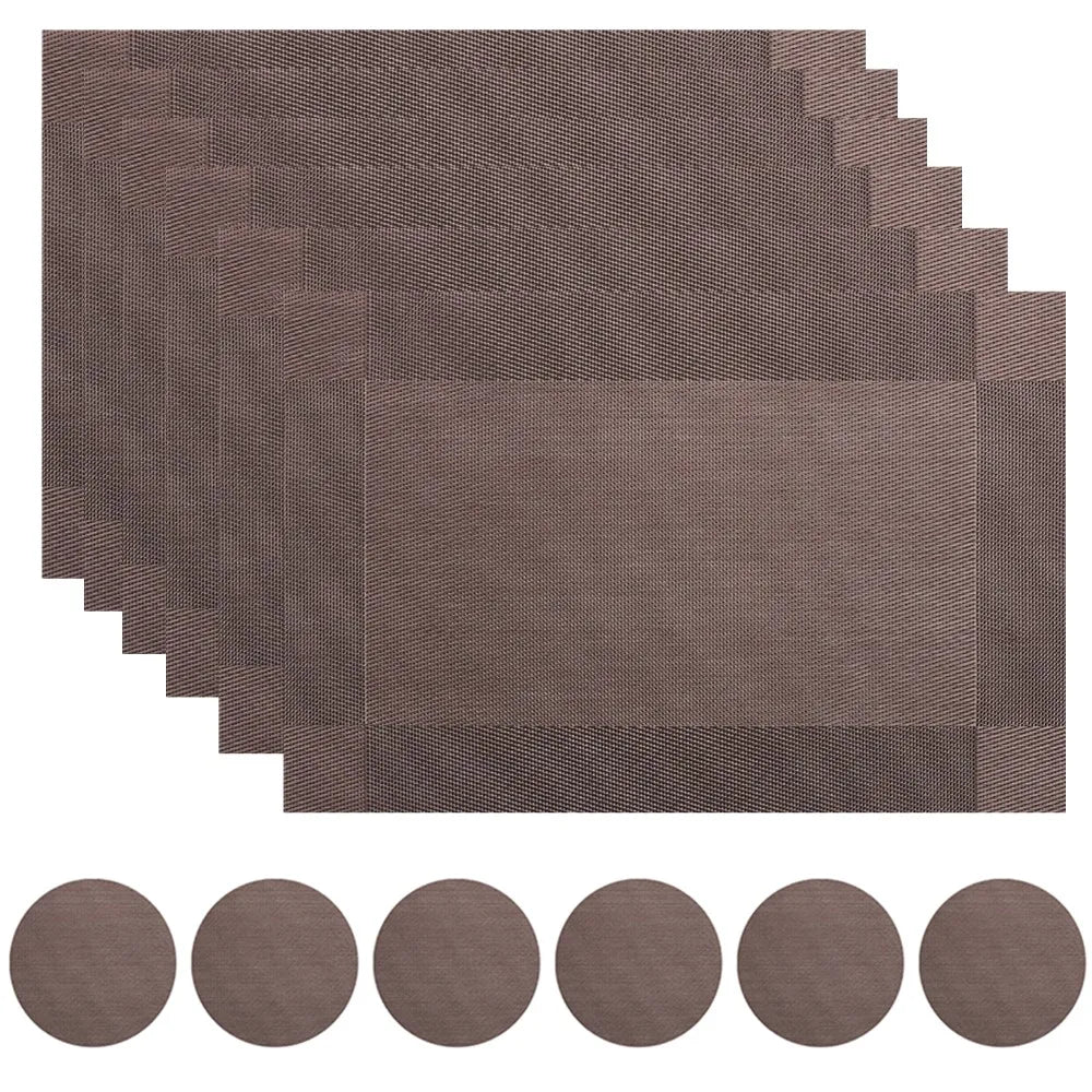 Set of 6 Placemats with Matching Coasters – Woven Vinyl, Non-Slip & Washable Table Mats for Dining, Kitchen & Restaurants