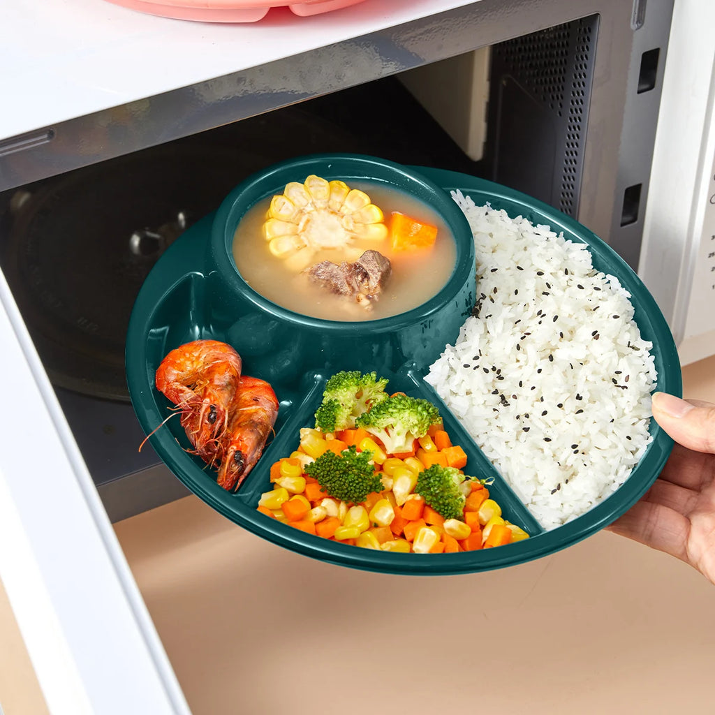 WORTHBUY Round Divided Salad Plate – Reusable Dinner Plate with Fork & Spoon