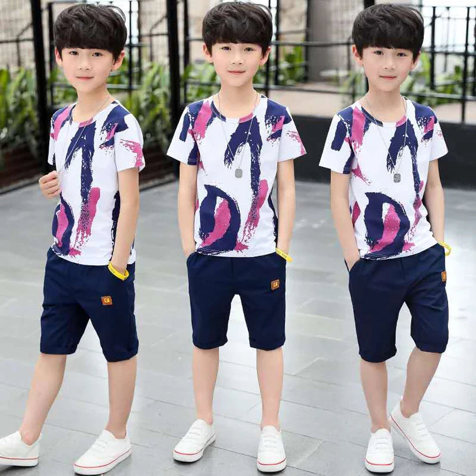 Boys Summer Cotton Outfit Set – Trendy Short Sleeve Shirt & Shorts for Kids (Ages 4–14)