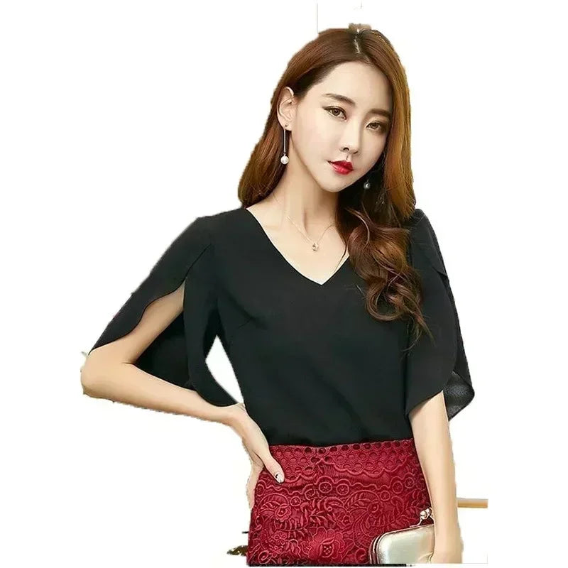 Women’s Chiffon Short Sleeve Shirt – Sexy V-Neck Loose Ruffled Blouse