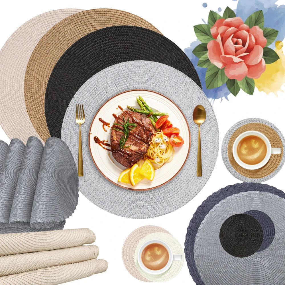 6-Piece Round Braided Placemats with 6 Matching Coasters – Heat-Resistant, Washable & Non-Slip Table Mats