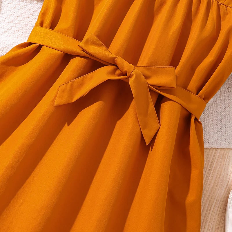 Girls Brown Ruffled Tiered Dress – Elegant Summer Outfit with Belt & Wing Sleeves (Ages 8–12)