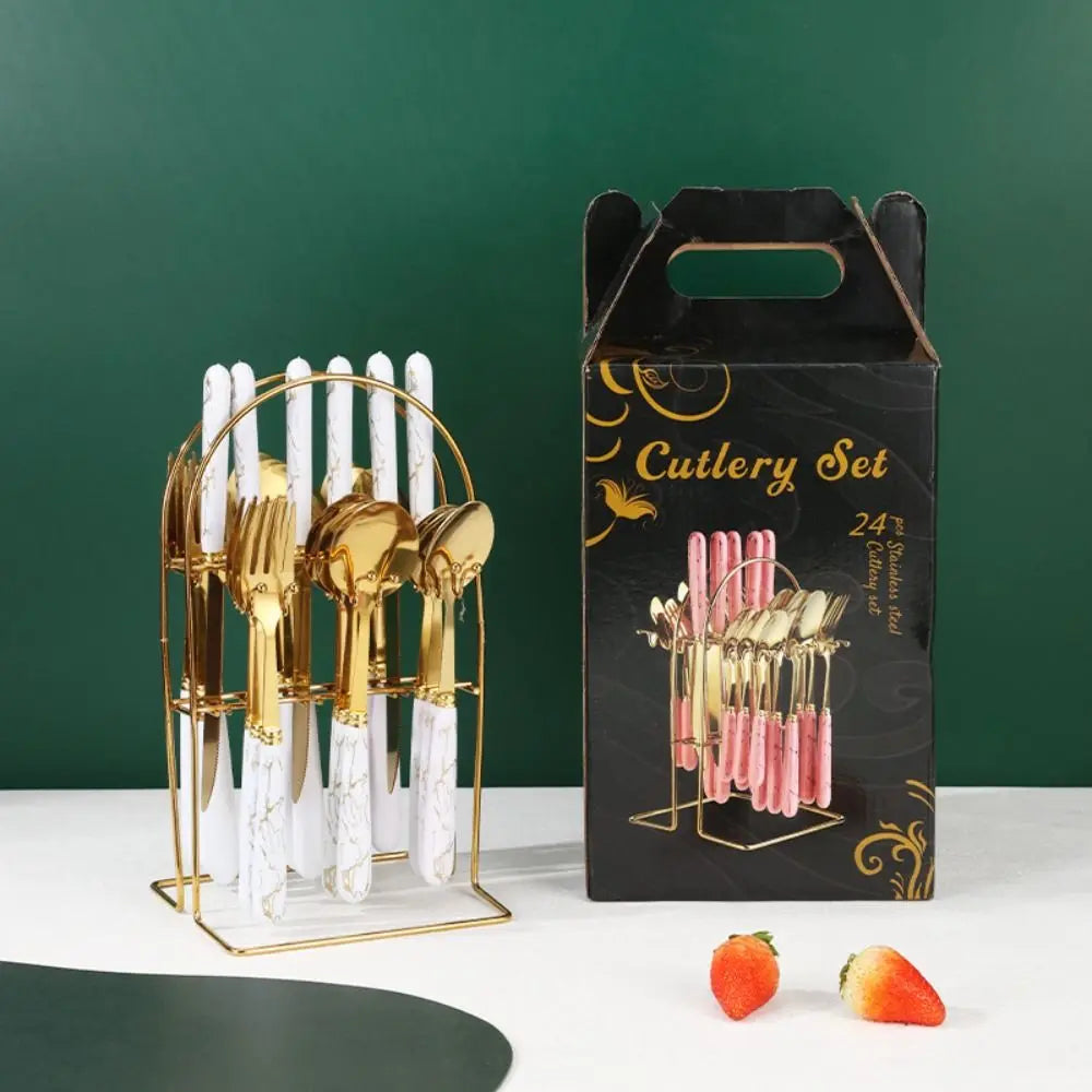 Fashion 24Pcs Cutlery Set – Stainless Steel Flatware with Color Handles & Storage Rack