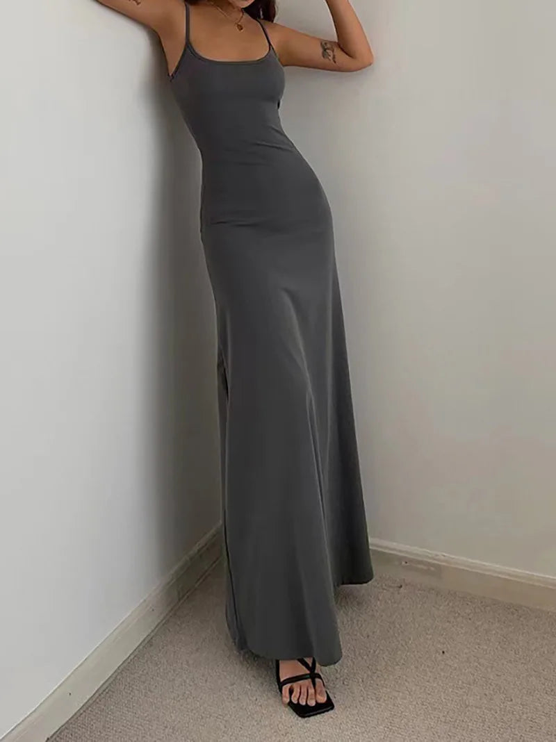 2025 European & American High-Waist Suspender Maxi Dress – Casual Solid Color Jumpsuit Style