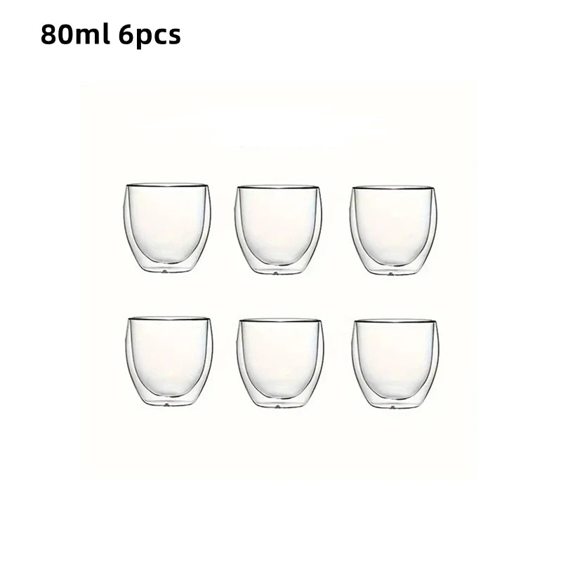 6pcs Double-Wall Insulated Glass Espresso Cups – Thermal Glass Coffee Mug Set
