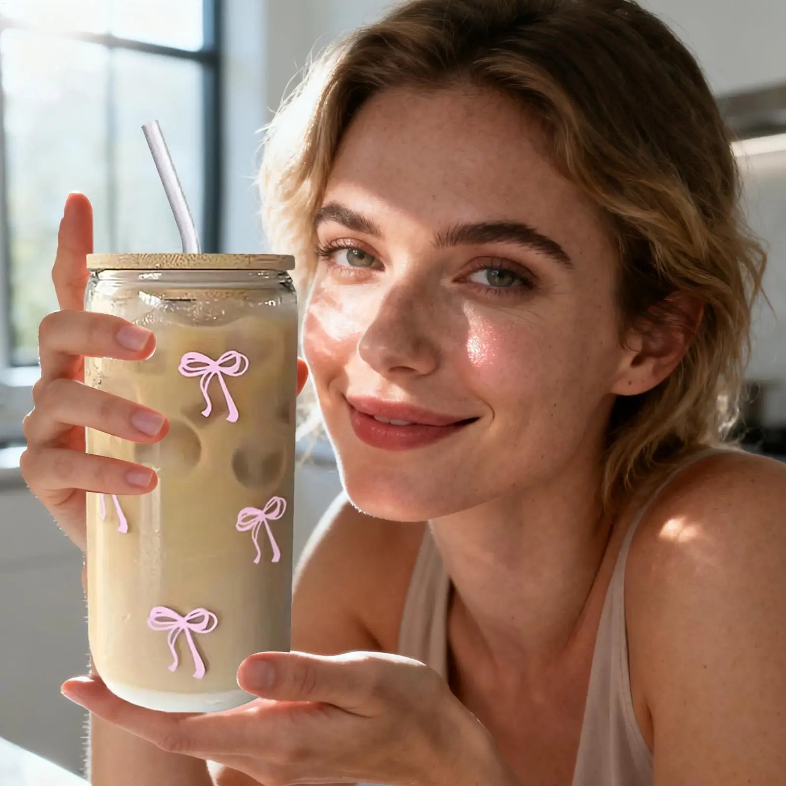 Bow Shape Glass Cup with Lid & Straw 500ml – Cute Aesthetic Drinkware for Iced Coffee, Matcha & More