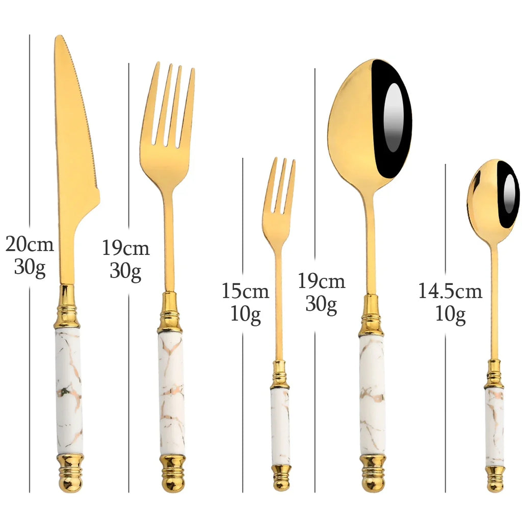 30Pcs Gold Flatware Set with Mirror Ceramic Handle – Luxury Stainless Steel Dinnerware for 6