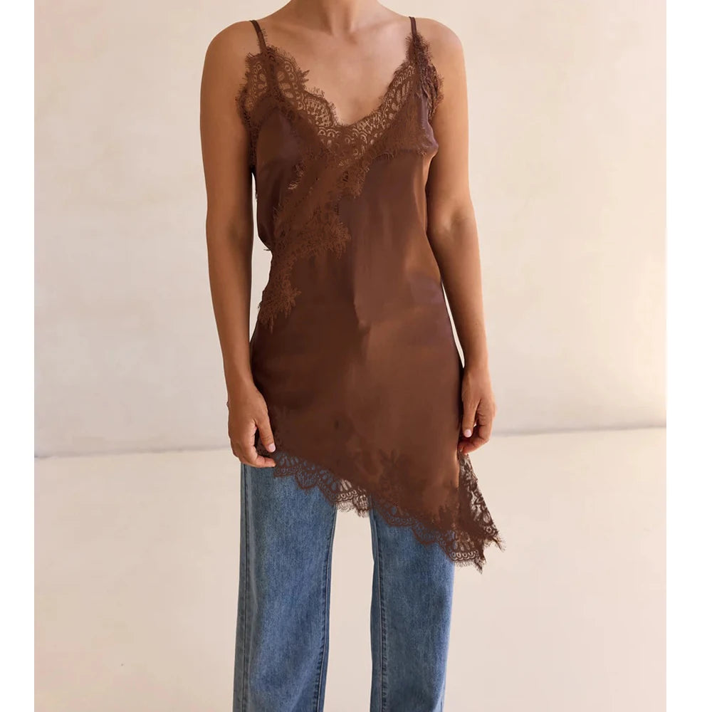 Satin Lace Sling Cami Top for Women – Vintage V-Neck Spaghetti Strap Long Camisole