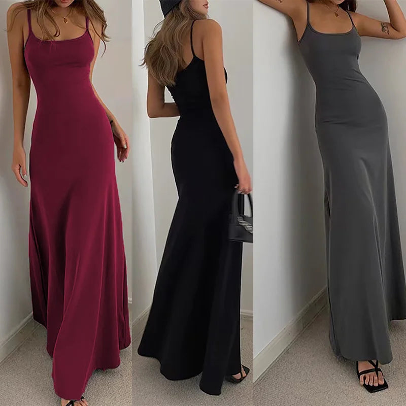 2025 European & American High-Waist Suspender Maxi Dress – Casual Solid Color Jumpsuit Style