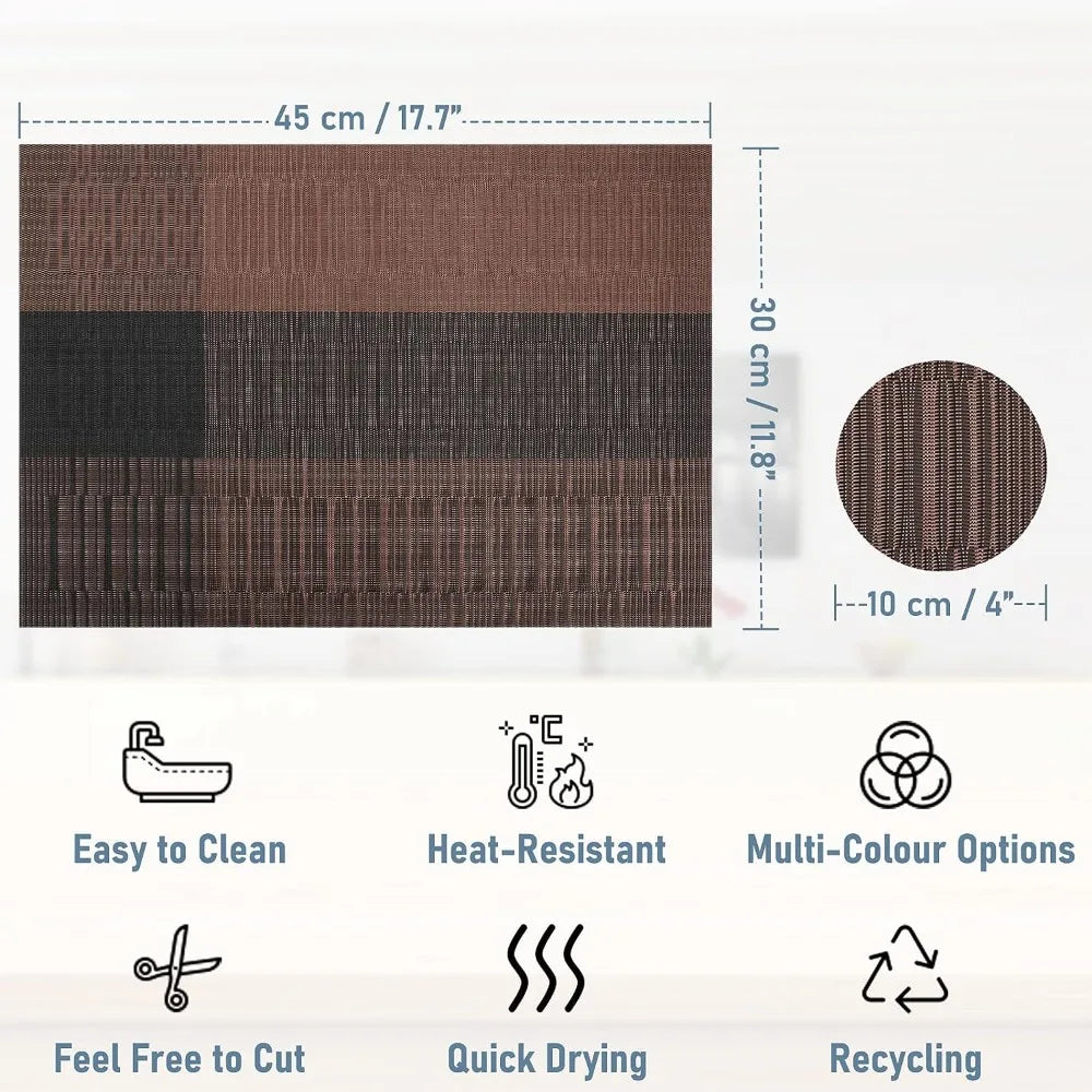 Set of 6 Placemats with Matching Coasters – Woven Vinyl, Non-Slip & Washable Table Mats for Dining, Kitchen & Restaurants